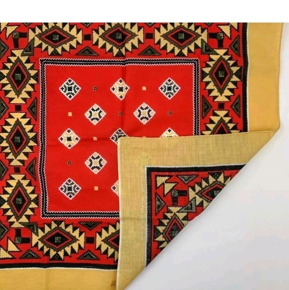VTG NEW Crisp Aztec Native Scarf Handkerchief/Bandana/ Red/White/Mustard 21"x21" - Picture 2 of 8